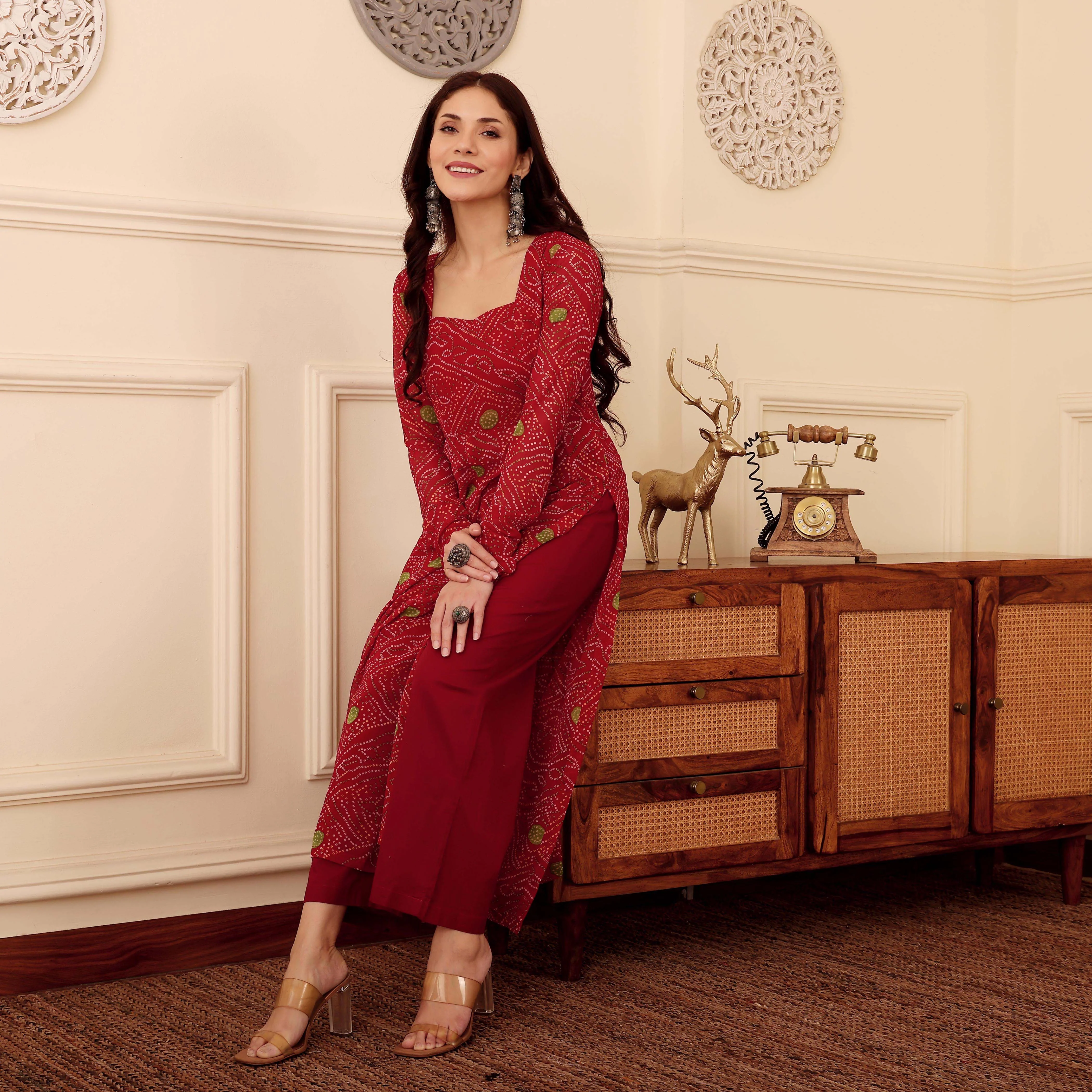 Red Bandhani Print Georgette Kurta - Image 2