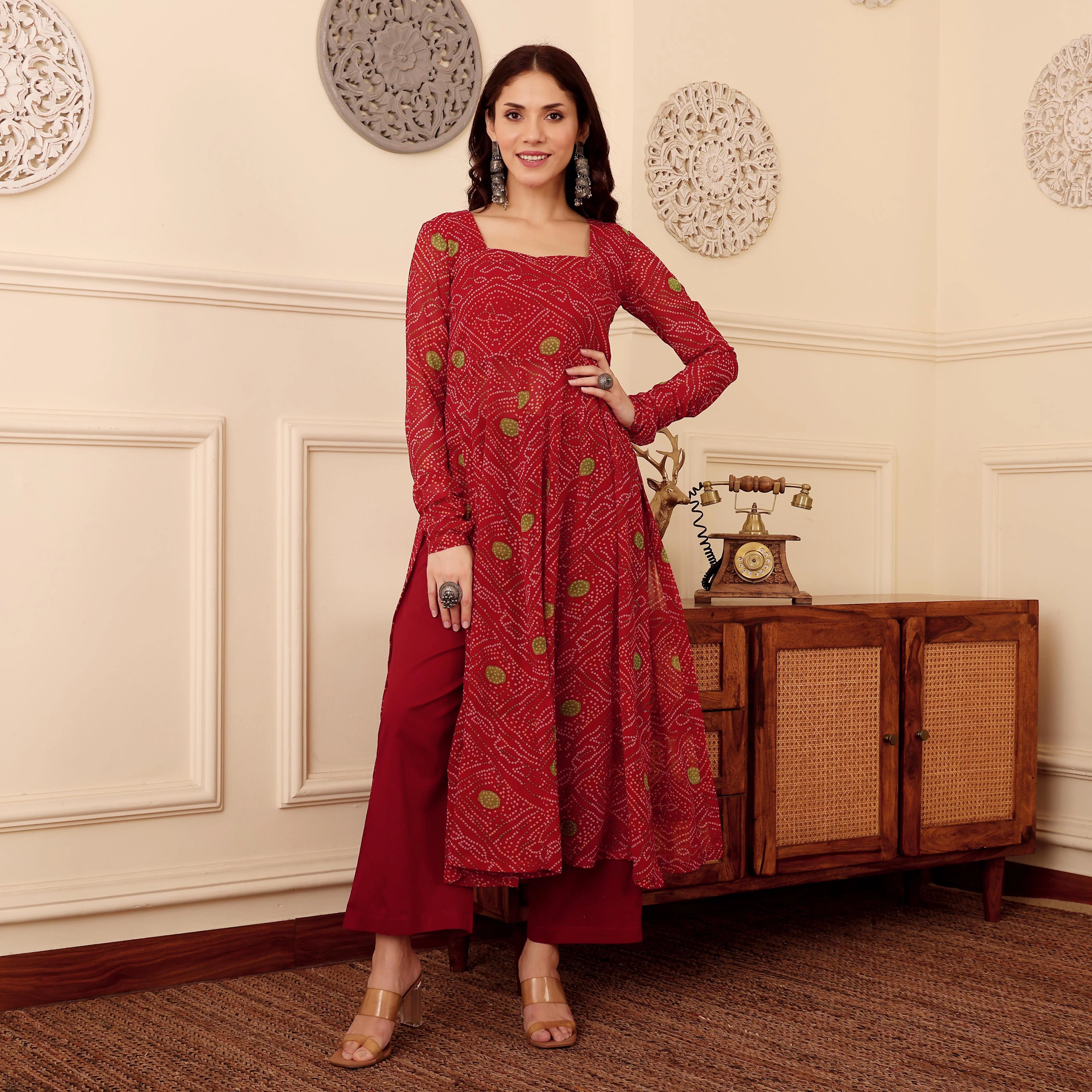 Red Bandhani Print Georgette Kurta - Image 3