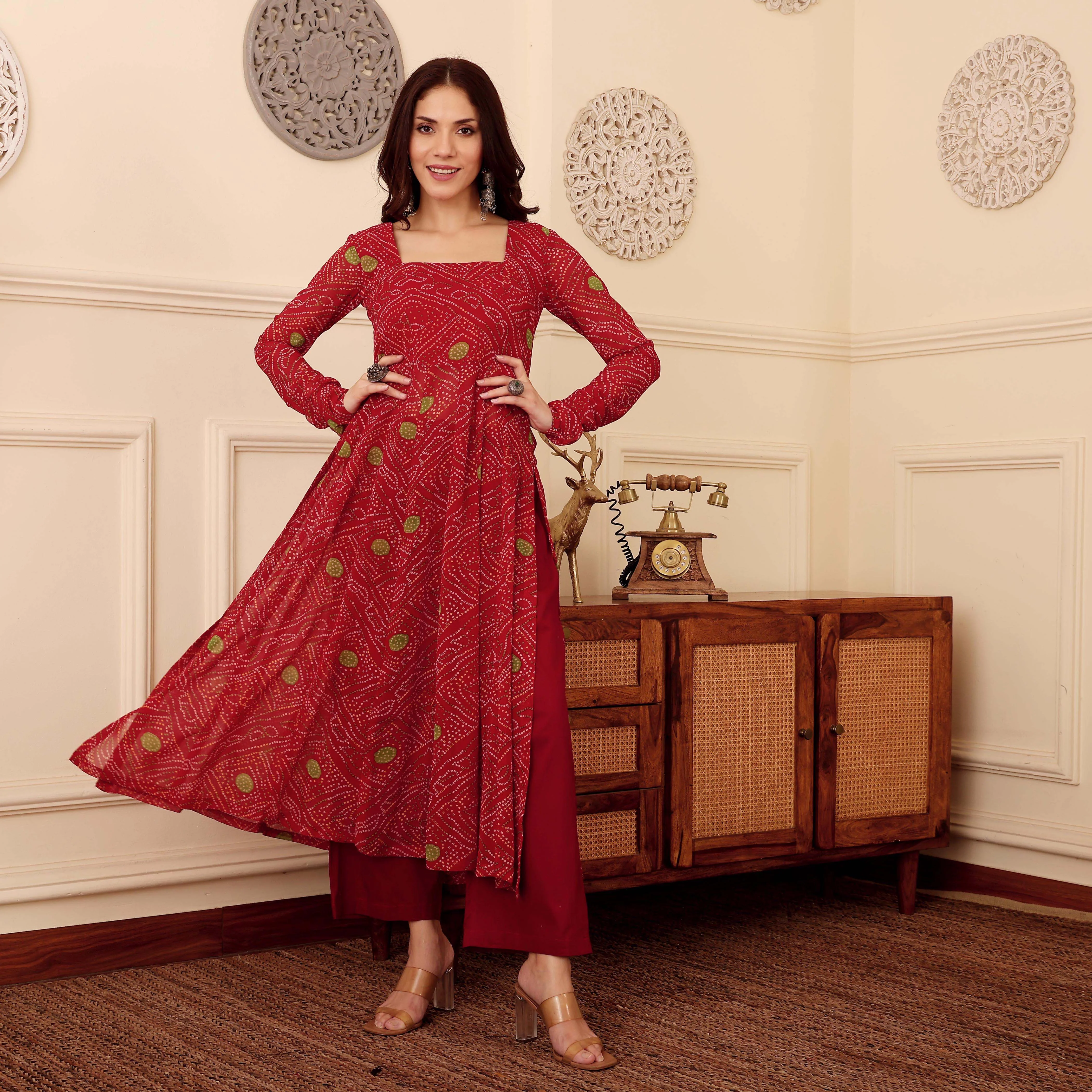 Red Bandhani Print Georgette Kurta - Image 4