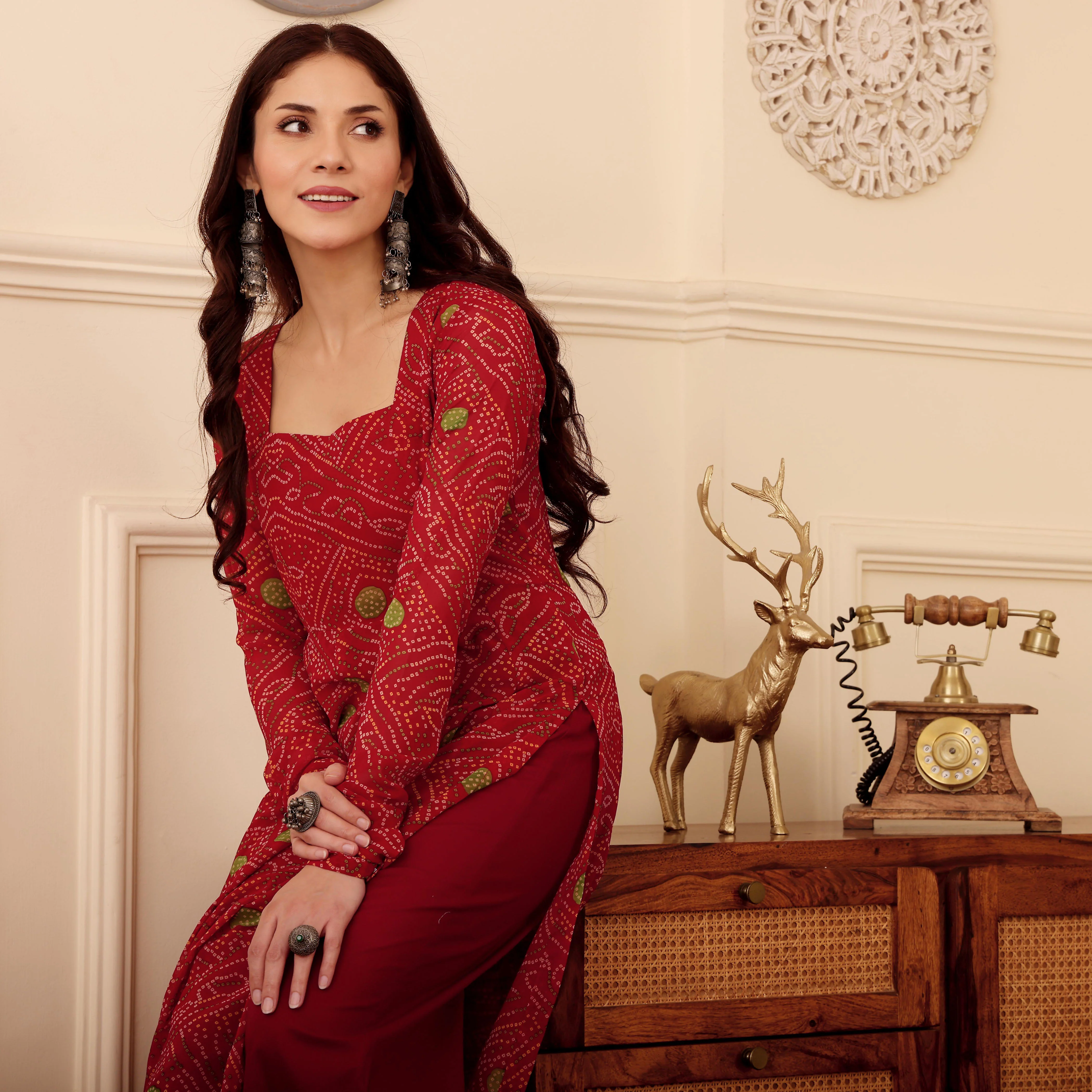 Red Bandhani Print Georgette Kurta - Image 6