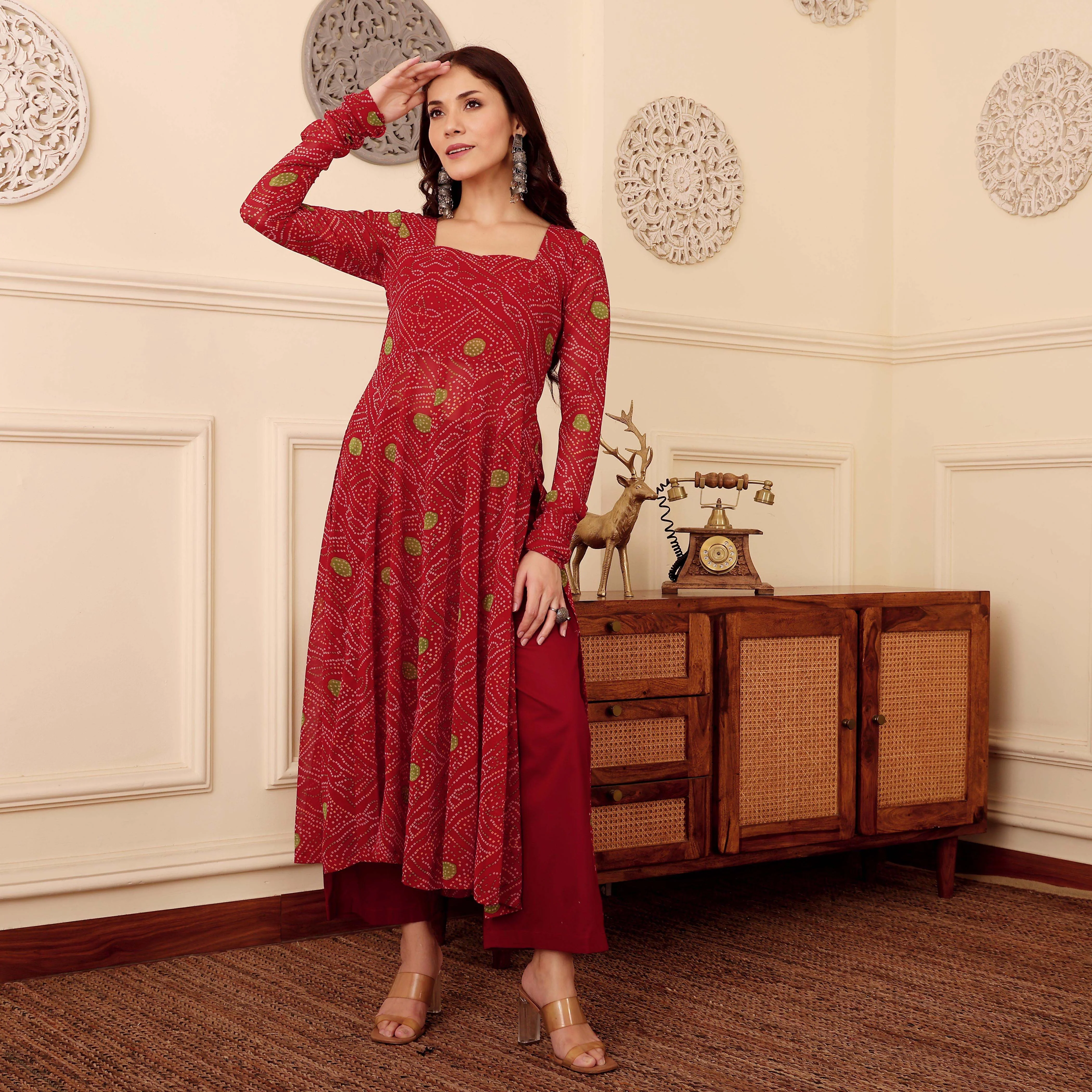 Red Bandhani Print Georgette Kurta - Image 7