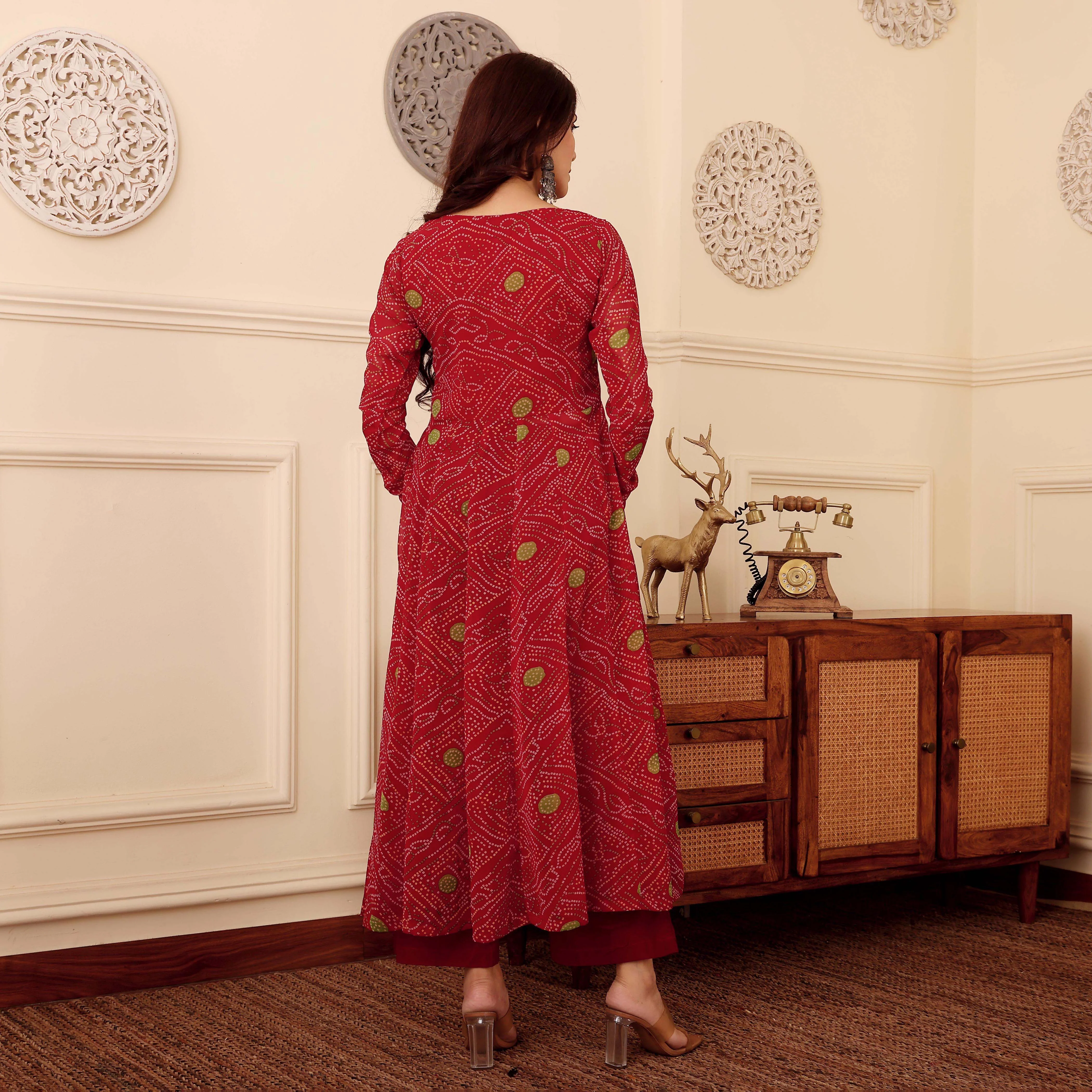Red Bandhani Print Georgette Kurta - Image 8