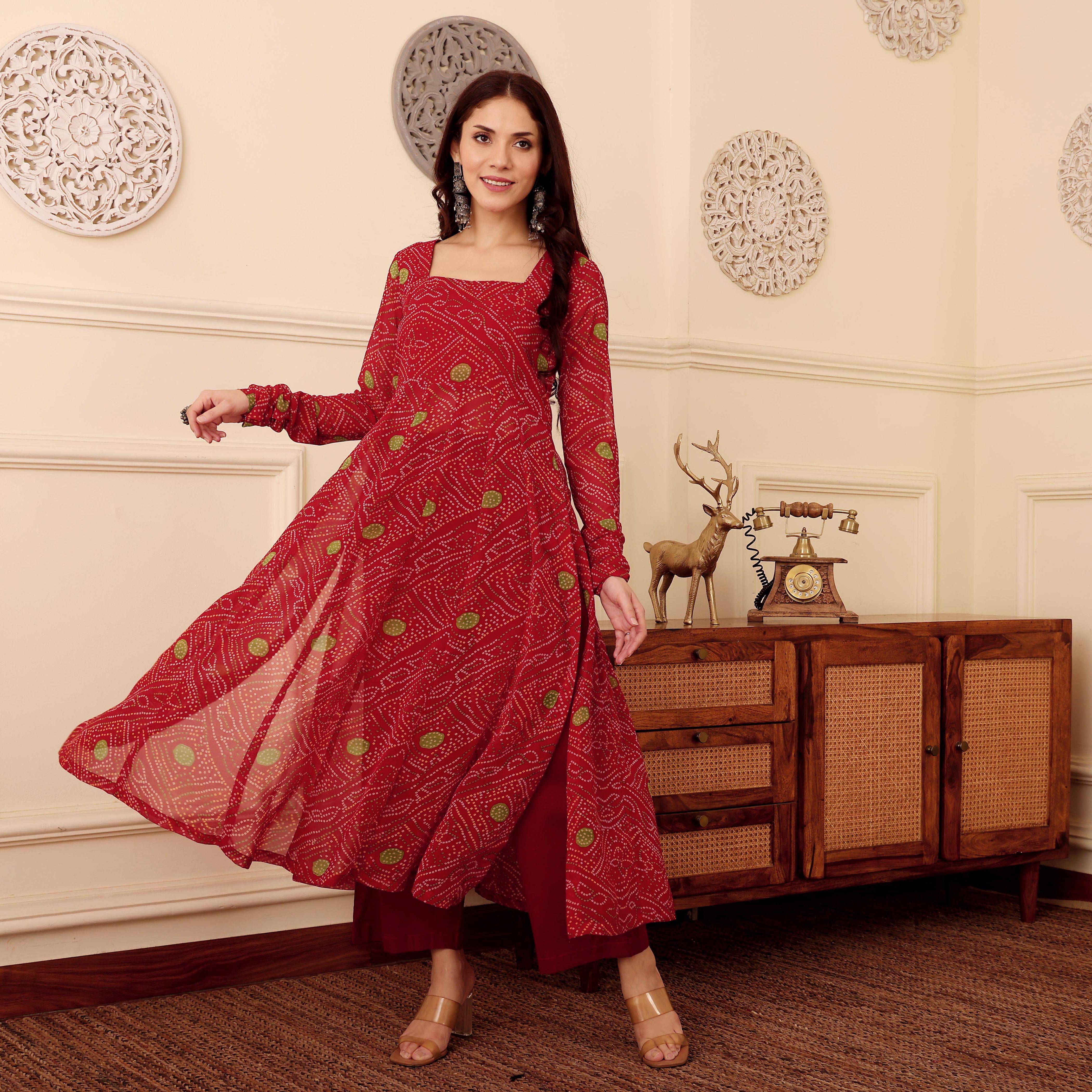 Red Bandhani Print Georgette Kurta - Image 9