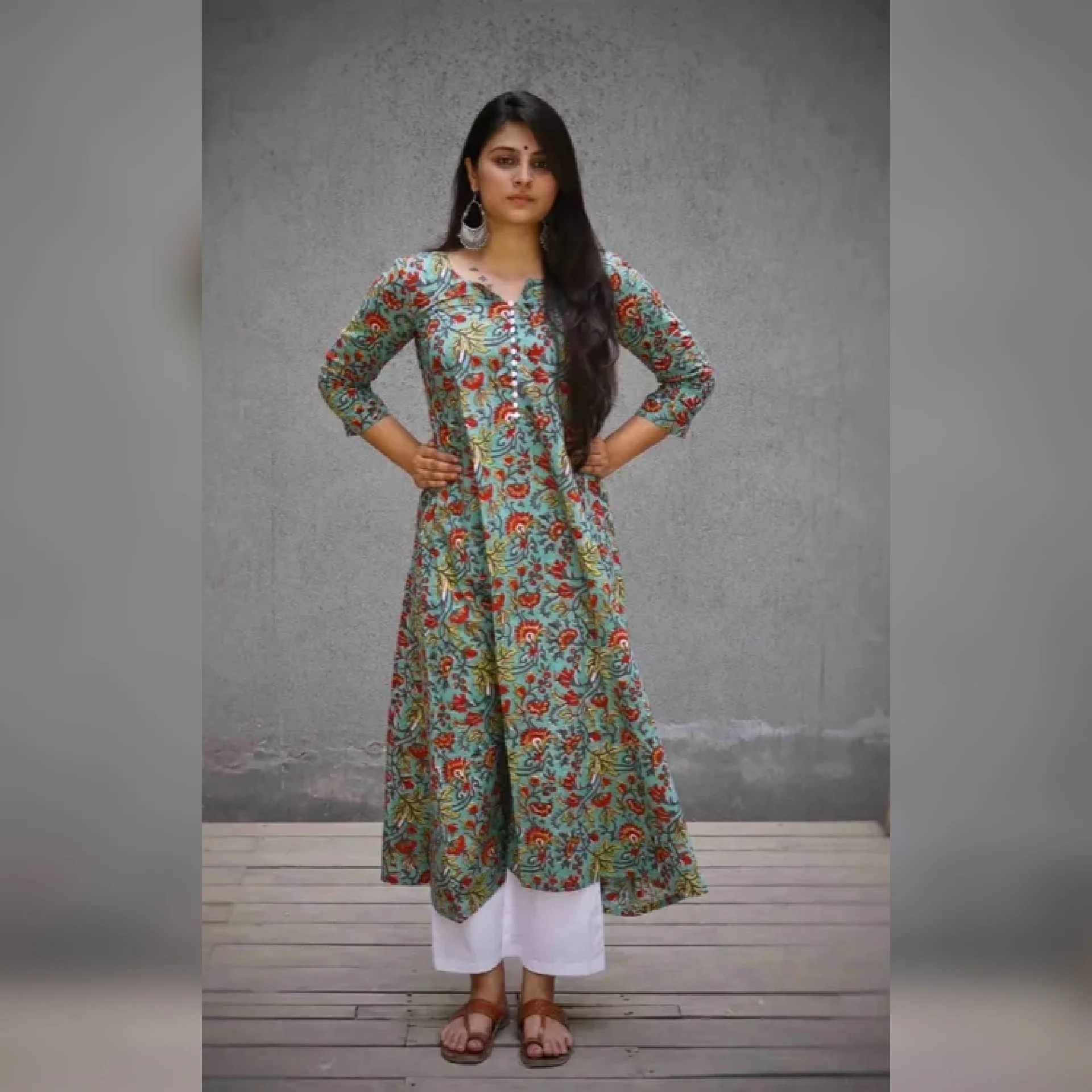 Earthy Green A Line Long Cotton Kurta - Image 2