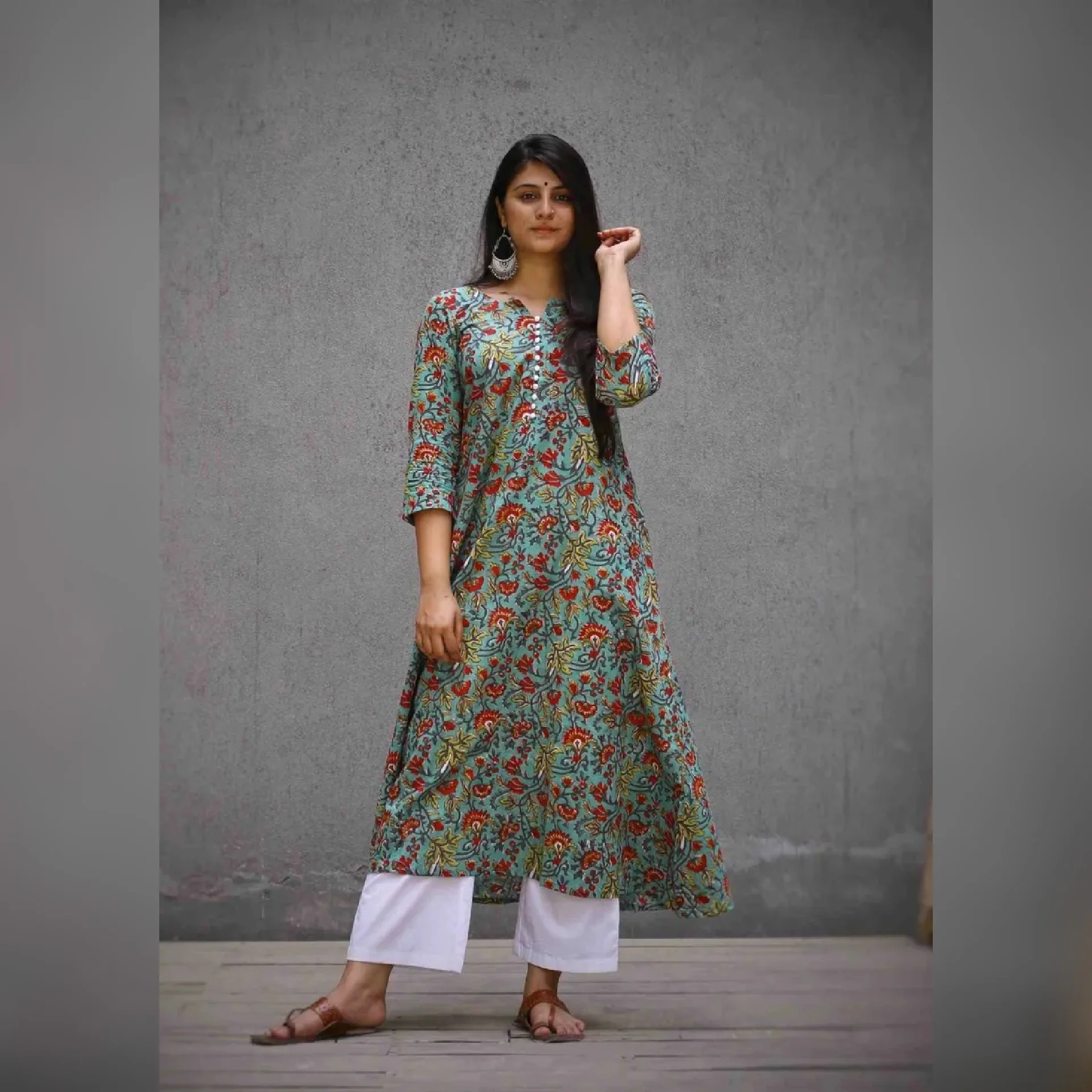 Earthy Green A Line Long Cotton Kurta - Image 3