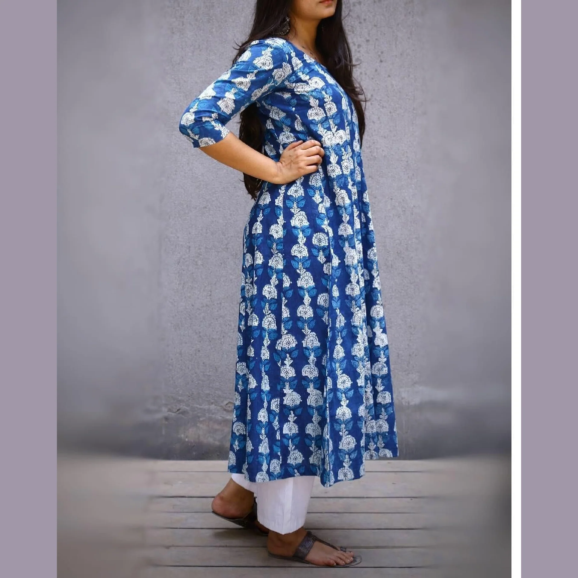 Indigo Block Print Kalidaar Cotton Kurta - Image 2