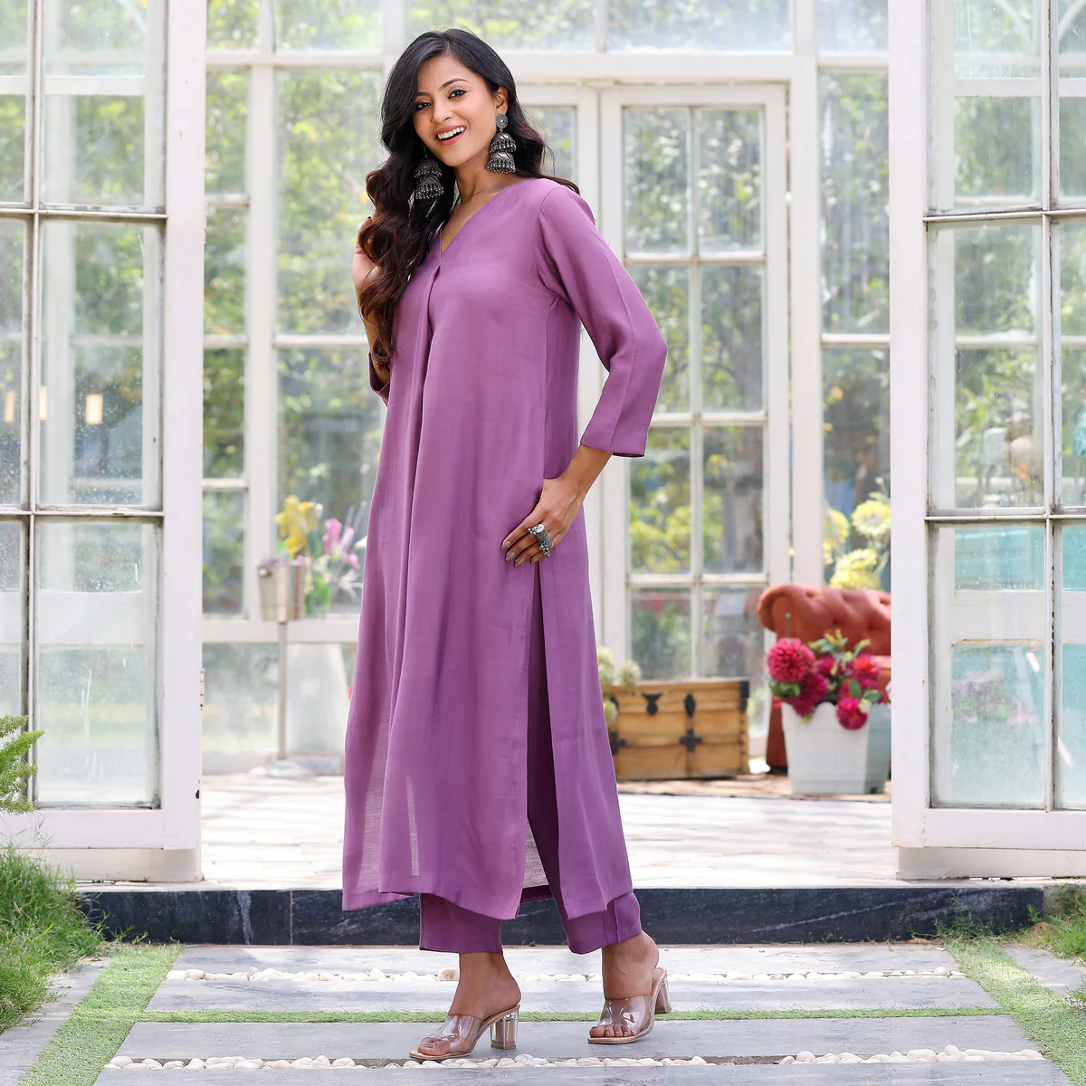 Lilac Elegant Rayon Cotton  Co-Ord Set - Image 2
