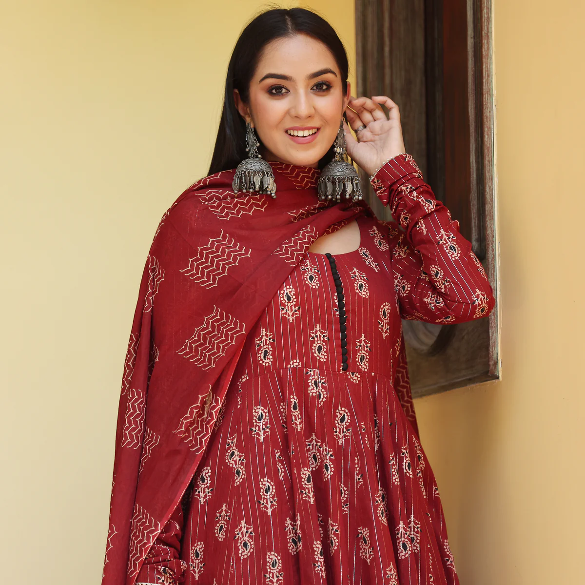 Red Katha Anarkali Cotton Printed  Set - Image 2