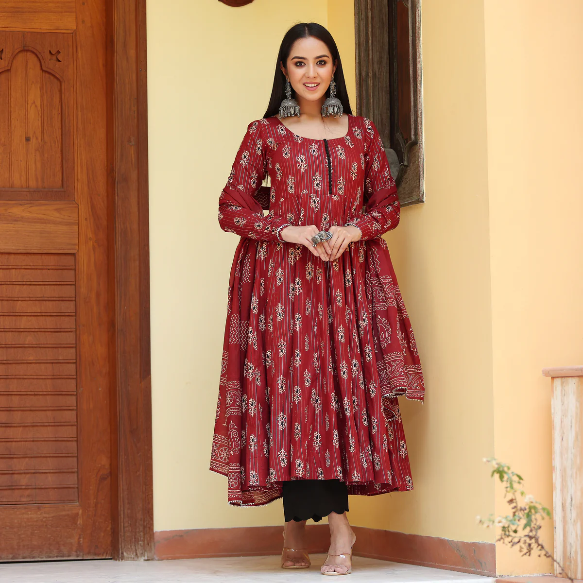 Red Katha Anarkali Cotton Printed  Set - Image 3