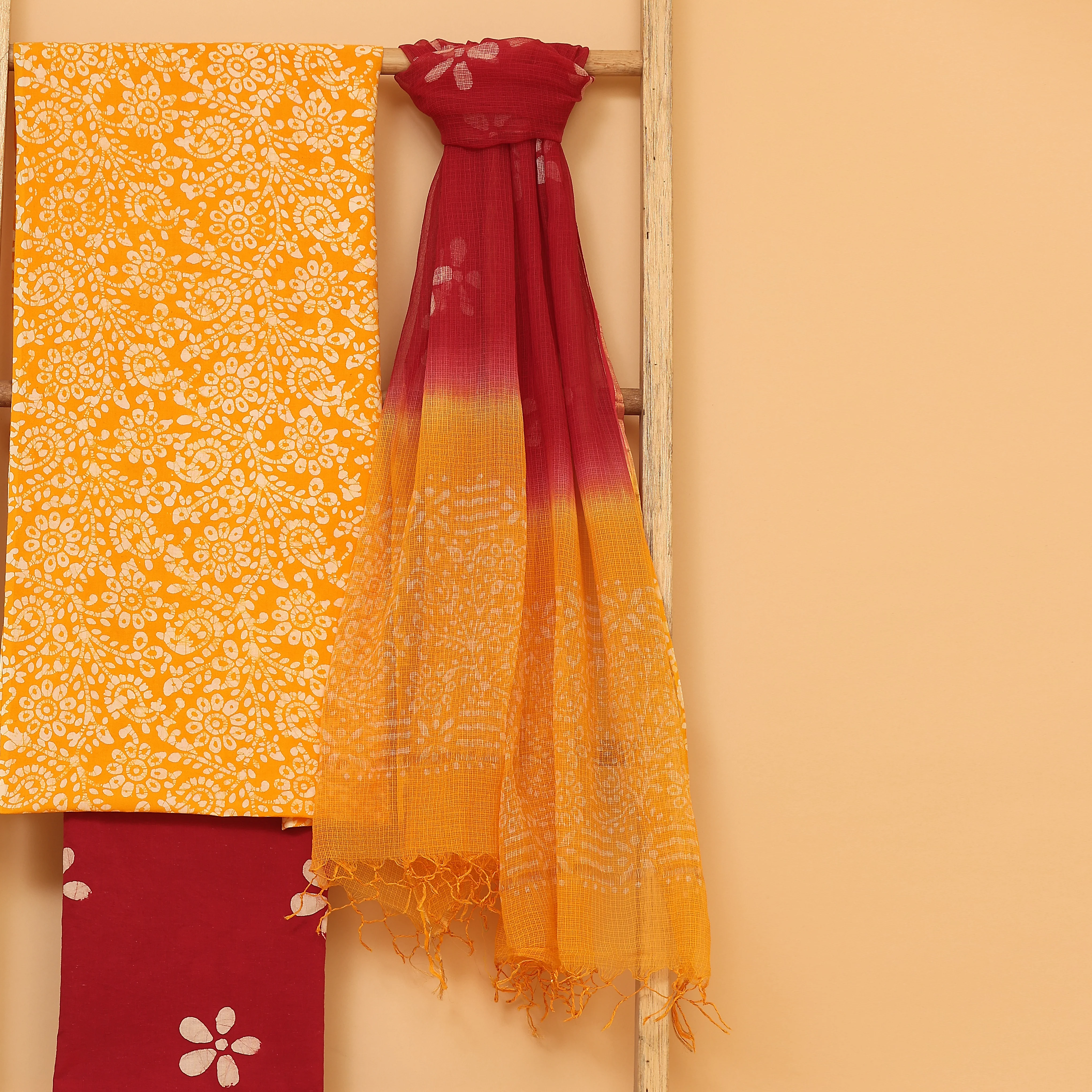 Yellow floral hand block printed  cotton unstitched Suit set - Image 2