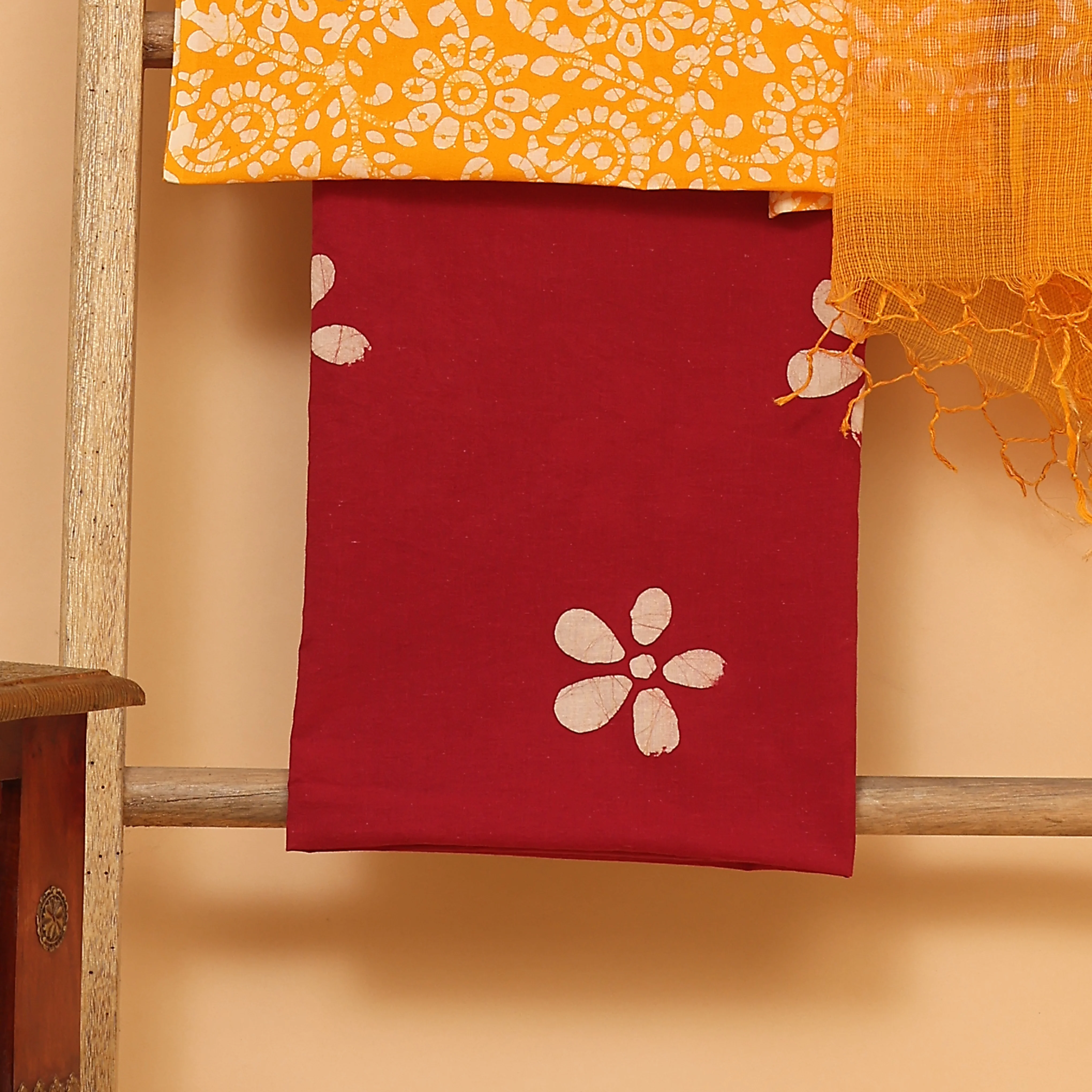 Yellow floral hand block printed  cotton unstitched Suit set - Image 3