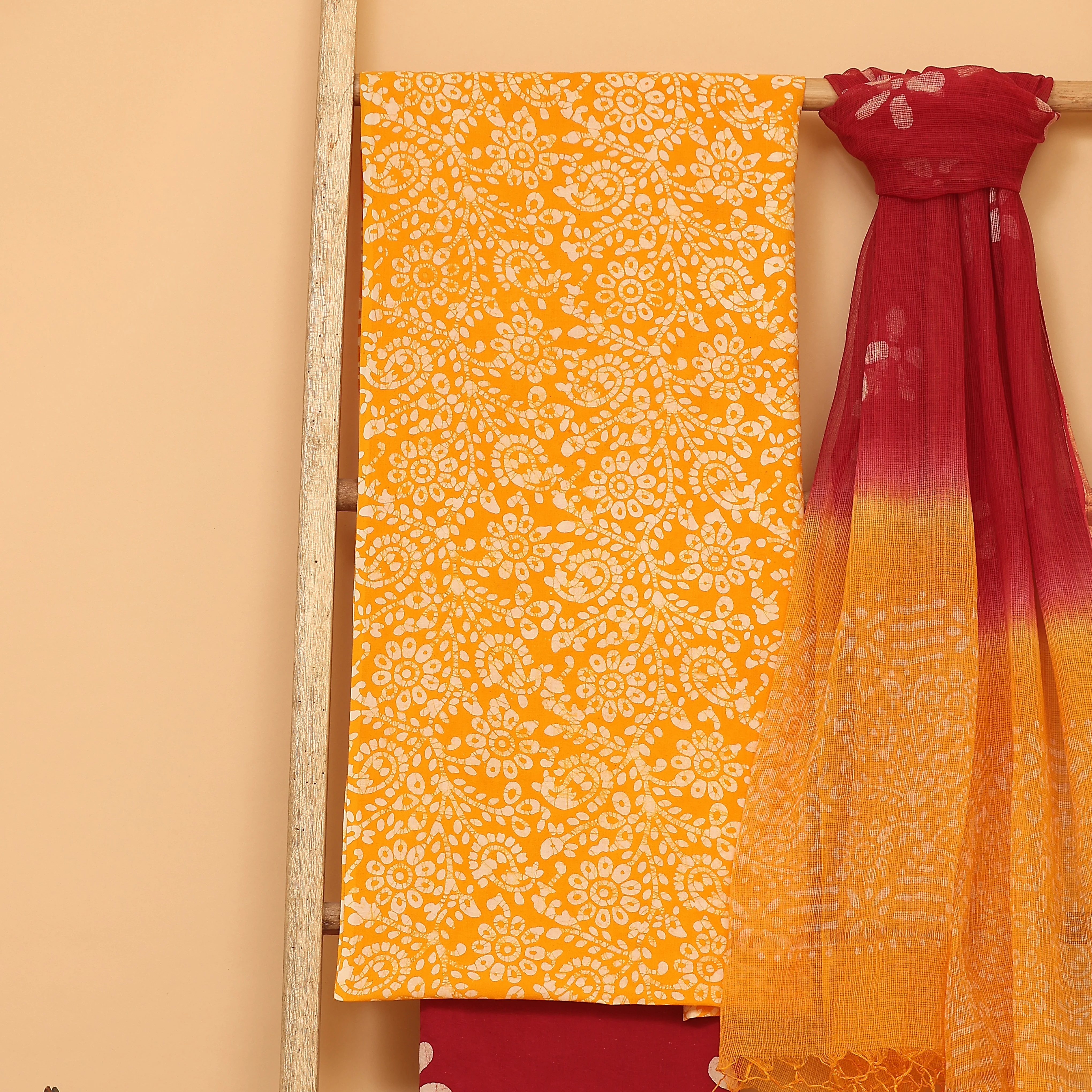 Yellow floral hand block printed  cotton unstitched Suit set - Image 4