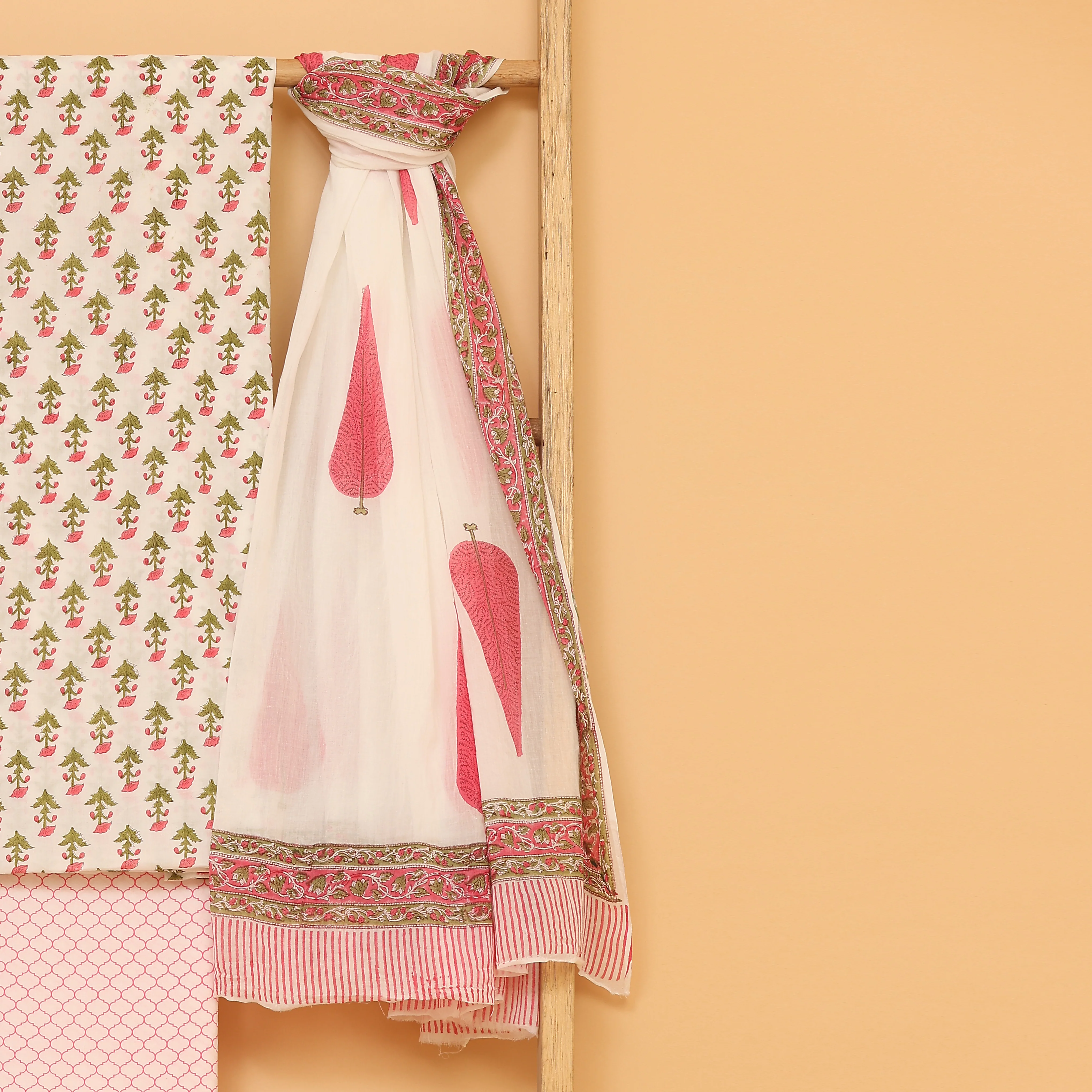 White with pink pure cotton hand block printed  unstitched Suit set - Image 2