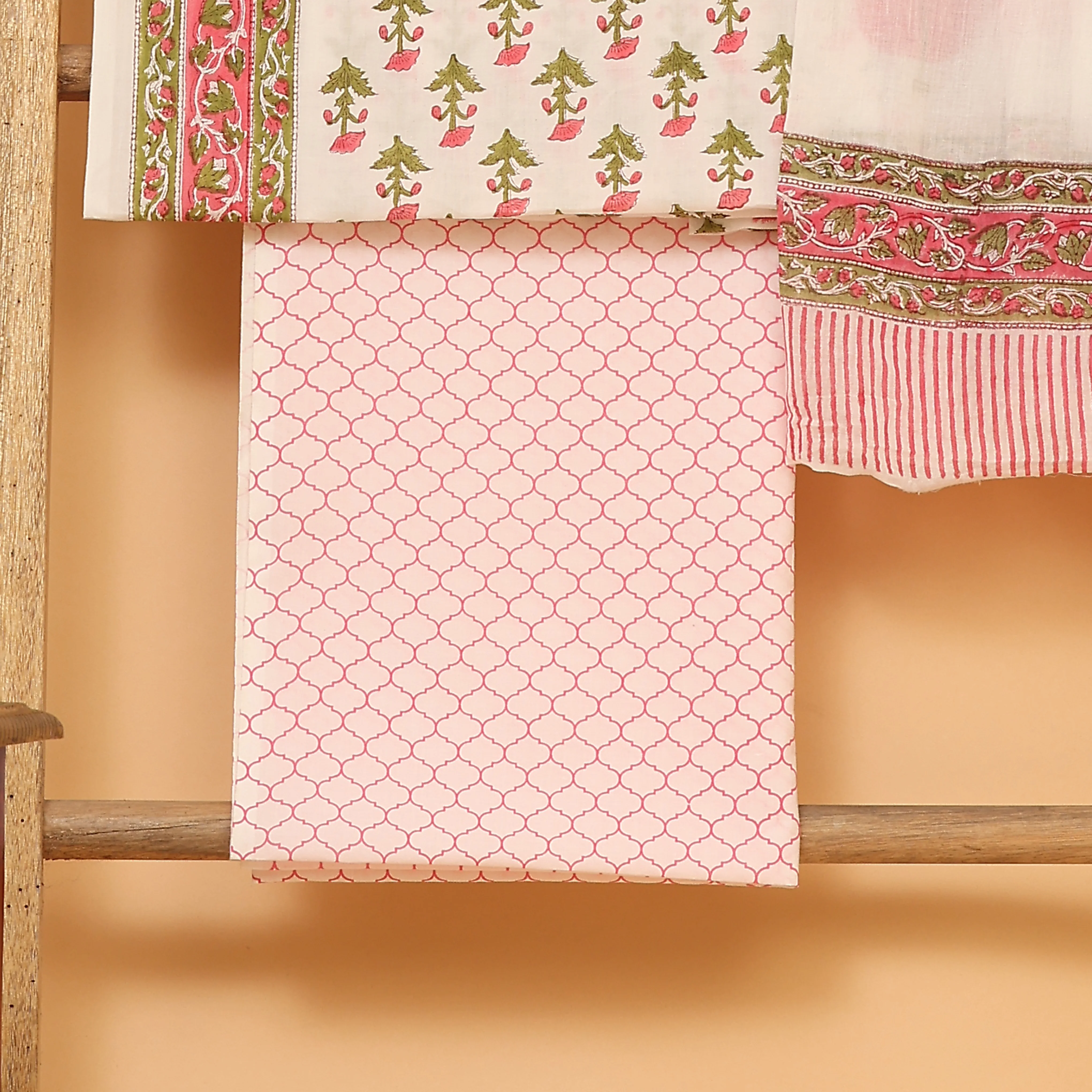 White with pink pure cotton hand block printed  unstitched Suit set - Image 3