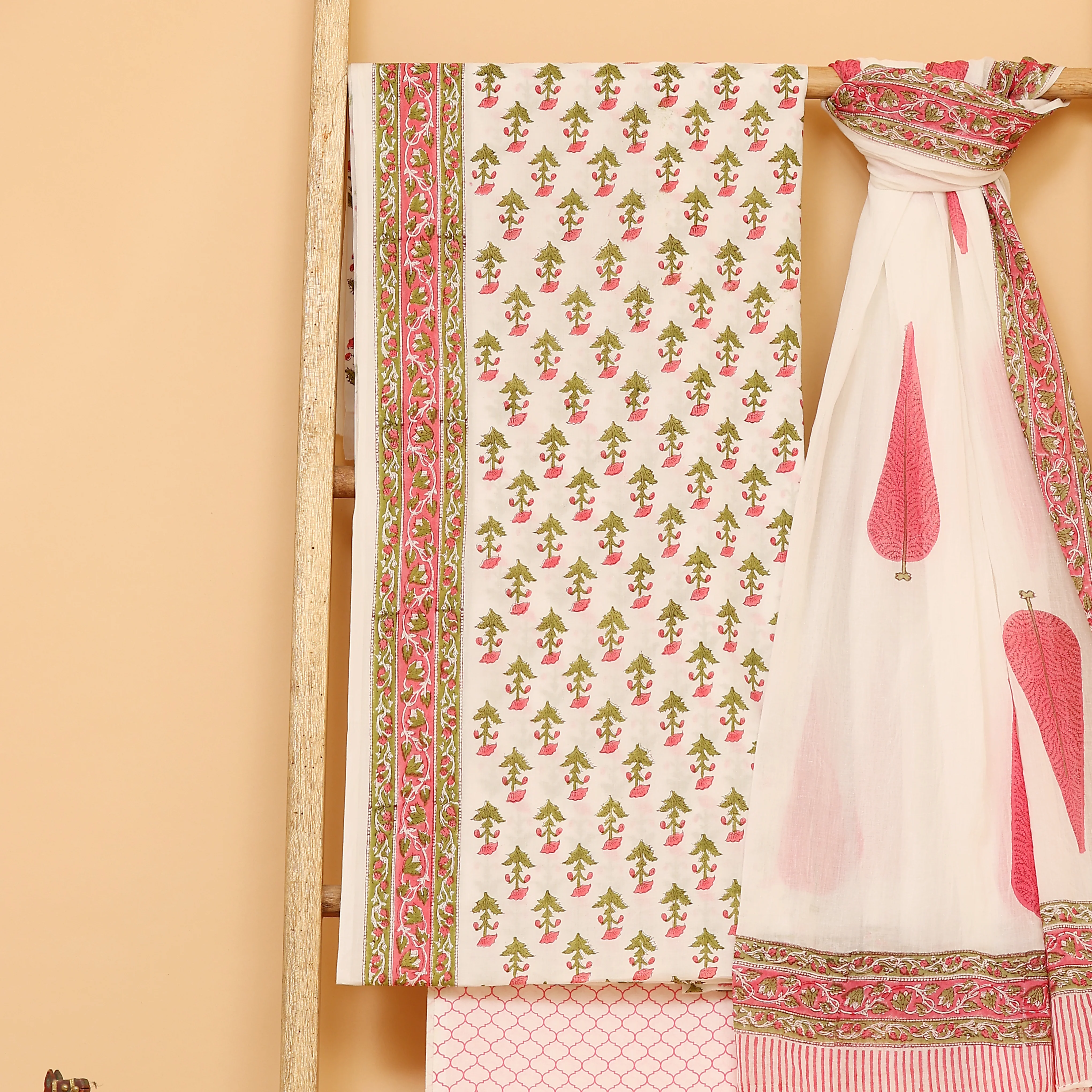 White with pink pure cotton hand block printed  unstitched Suit set - Image 4