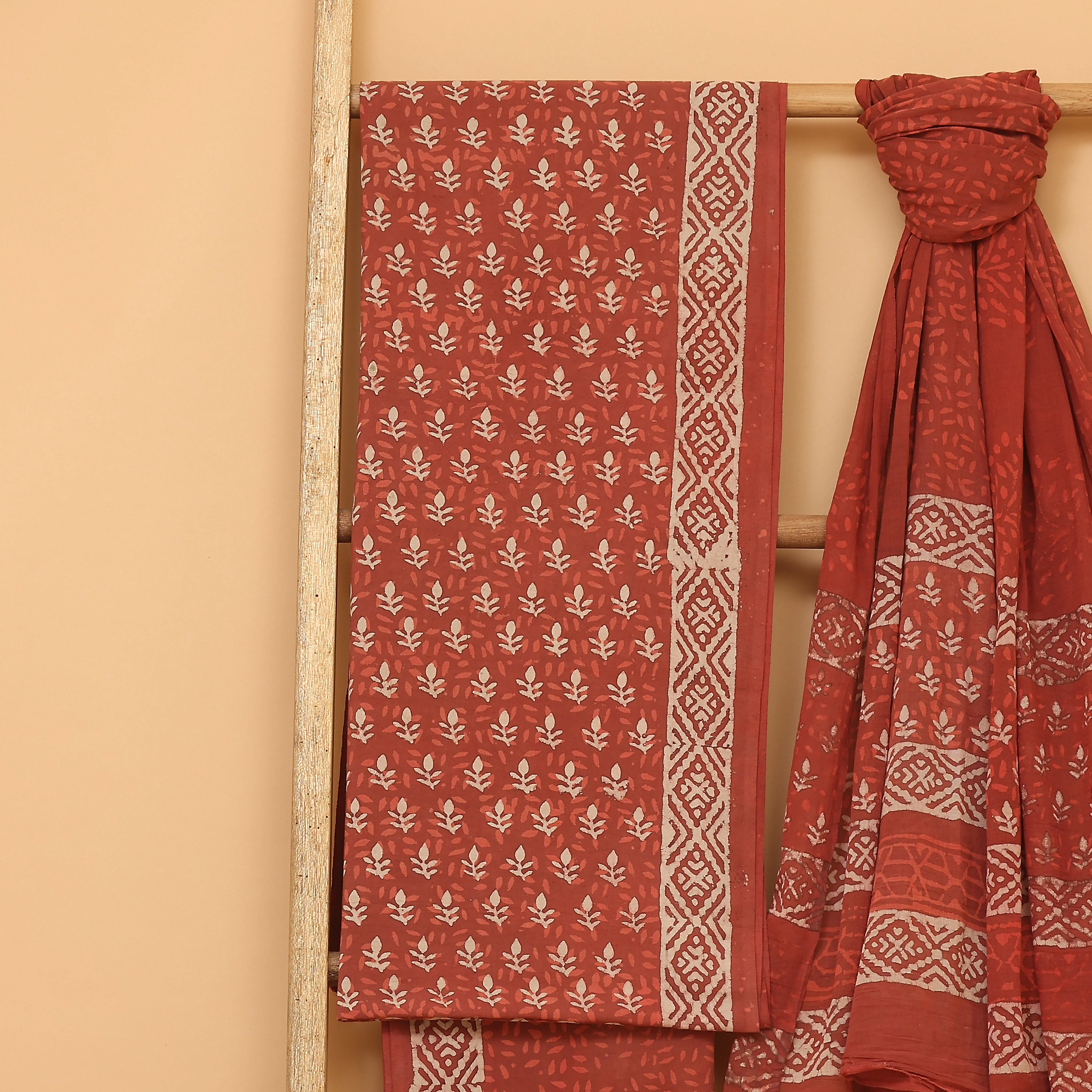 Red hand block printed  cotton  unstitched Suit set - Image 4
