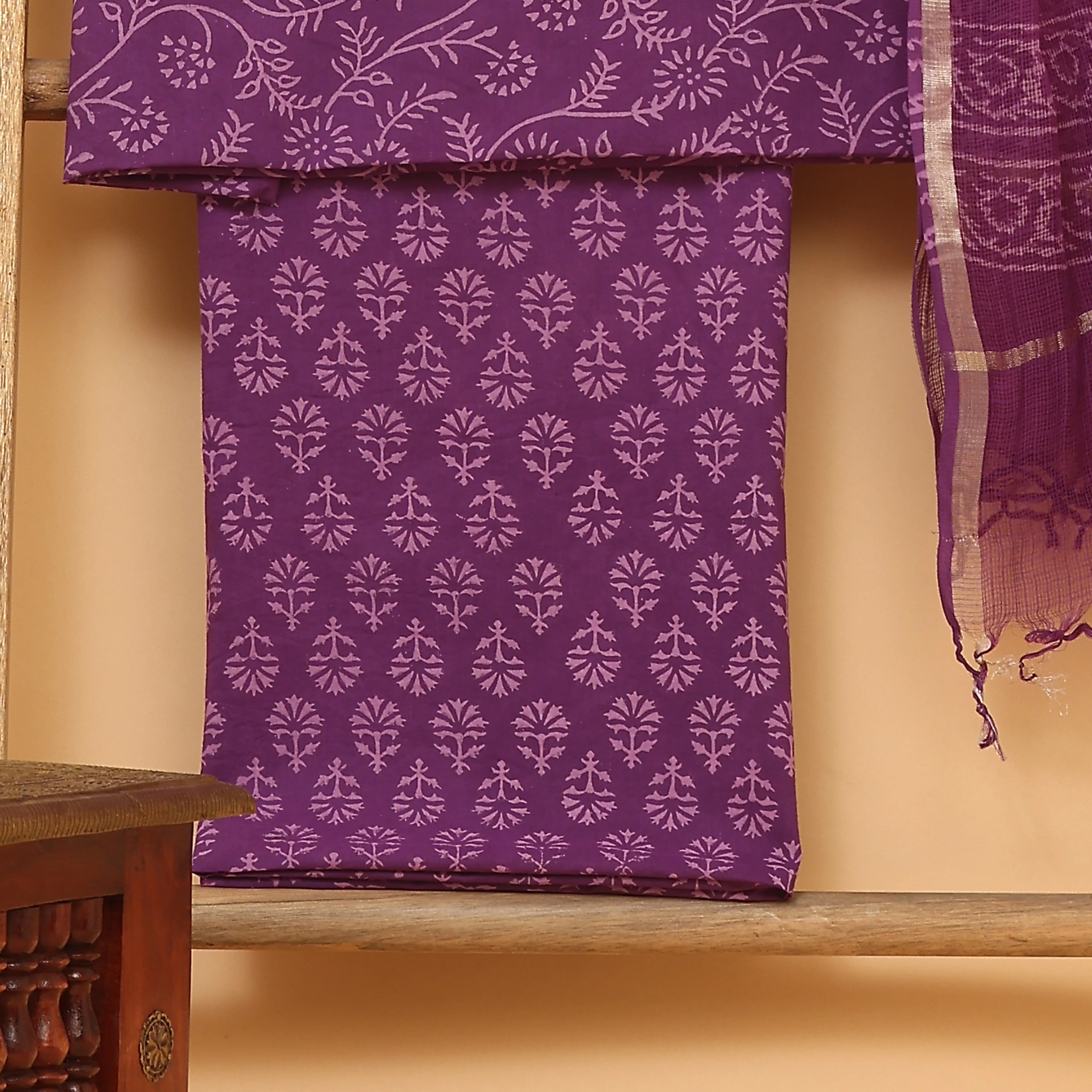 purple hand block printed unstitched Suit set - Image 3