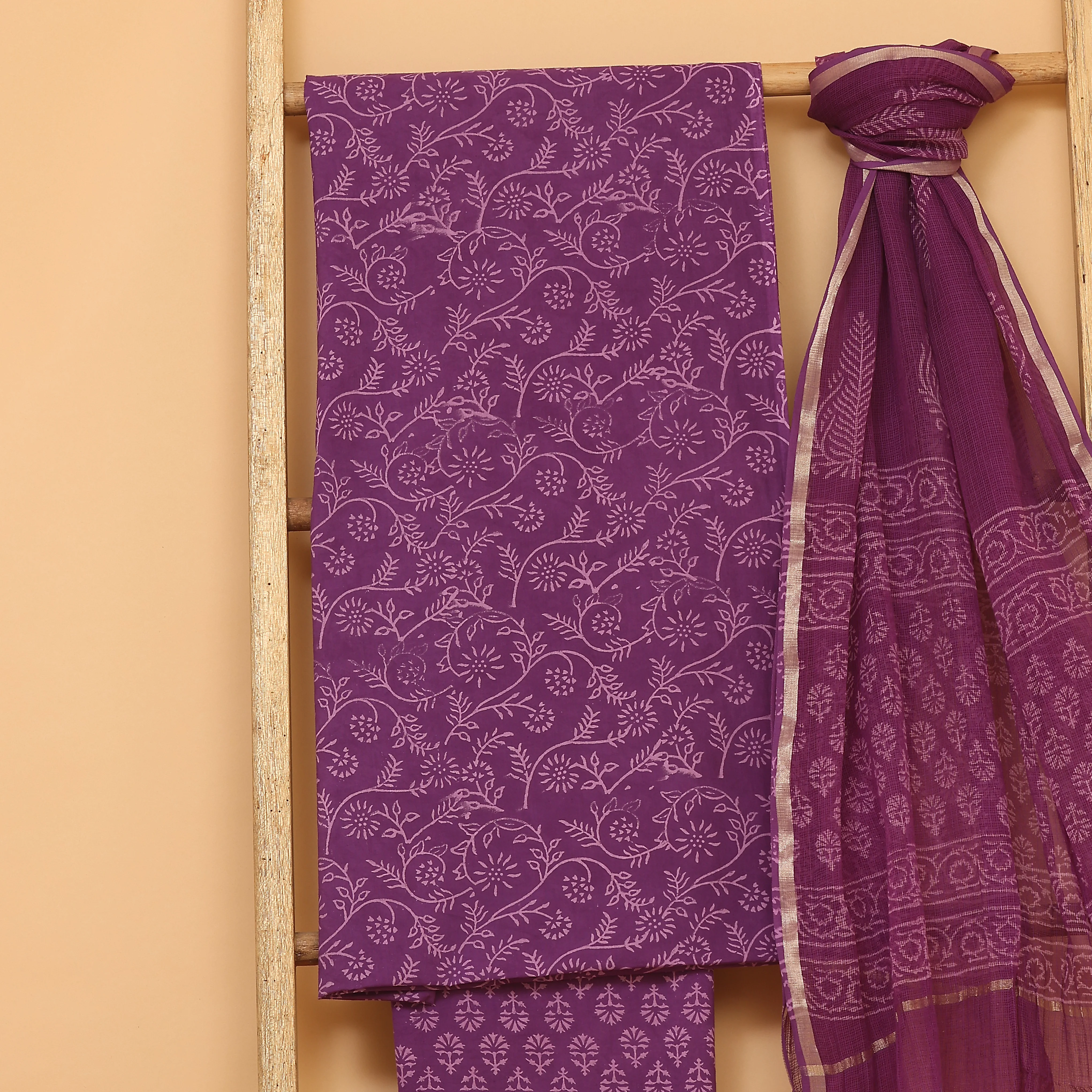 purple hand block printed unstitched Suit set - Image 4