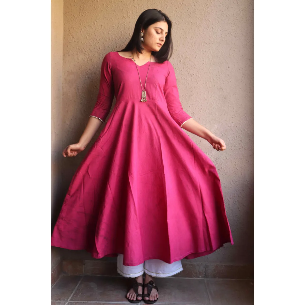 Raspberry Pink Tie- Dyed Gher Kurta - Image 2