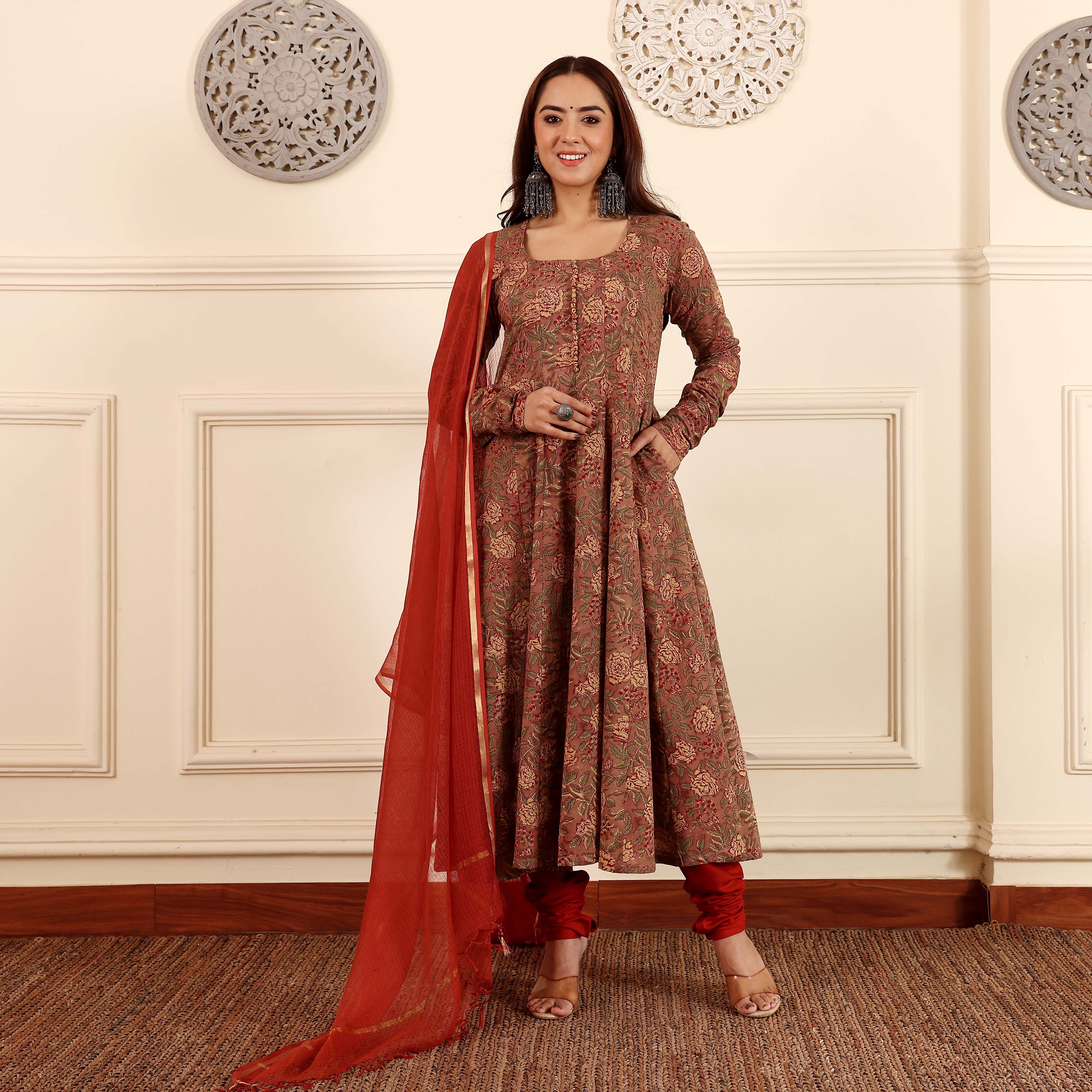 Sindoori Hand Block Cotton Kalidar Set - Image 3